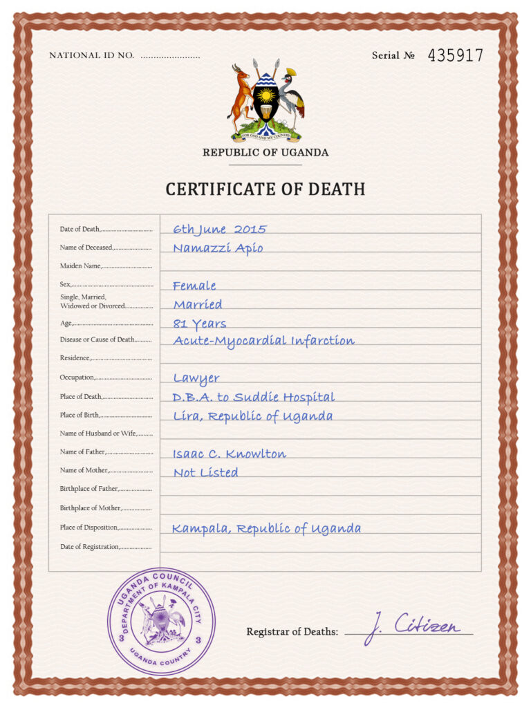 Uganda vital record death certificate PSD template, fully editable