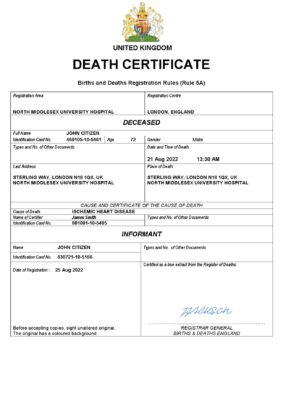 United Kingdom vital record death certificate Word and PDF template