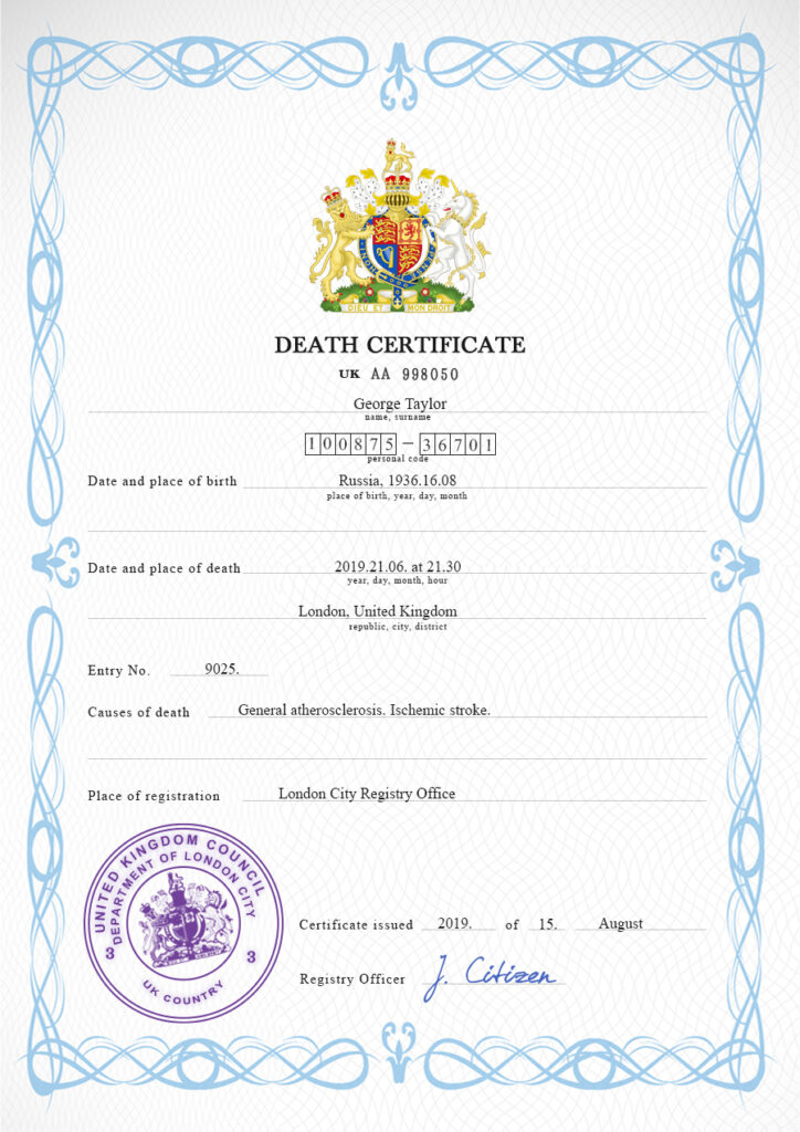 United Kingdom death certificate PSD template, completely editable