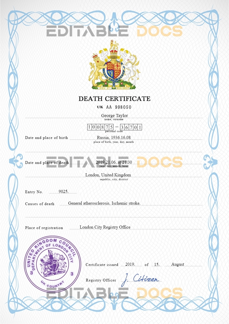 Customizable United Kingdom Death Certificate PSD Templates | Instant Download