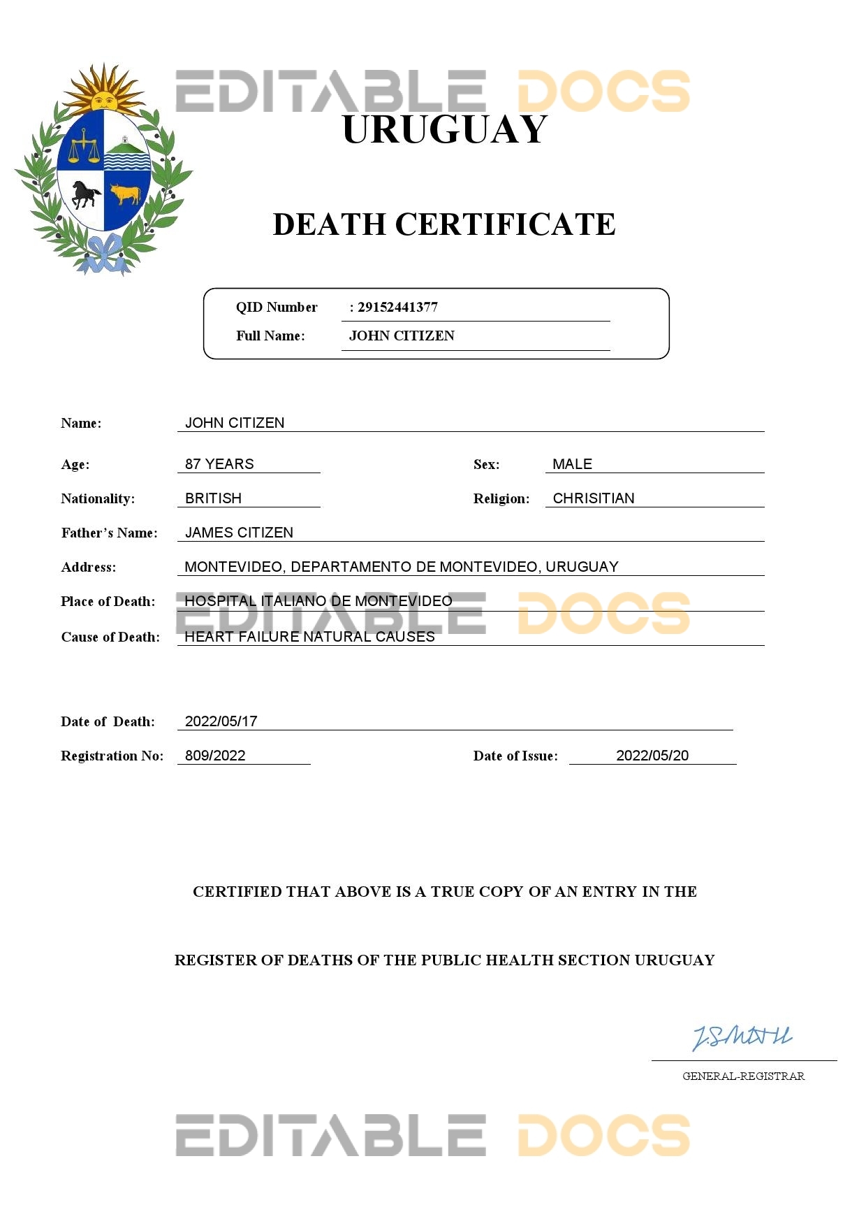Fillable Uruguay Death PDF Templates | Blank Docs