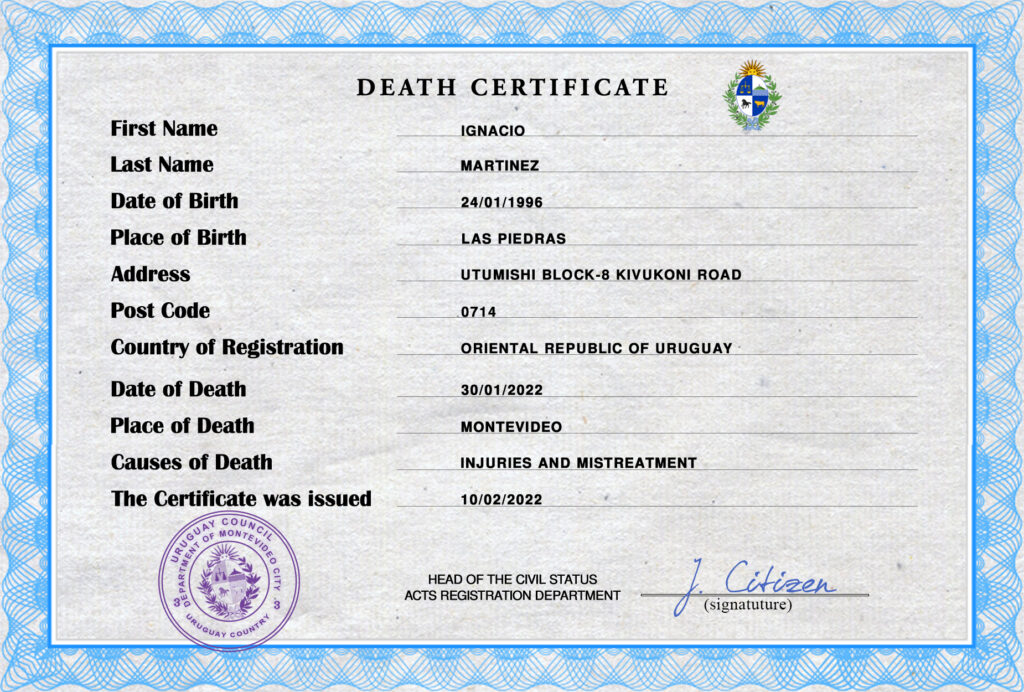 Uruguay vital record death certificate PSD template, fully editable