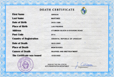 Uruguay vital record death certificate PSD template, fully editable