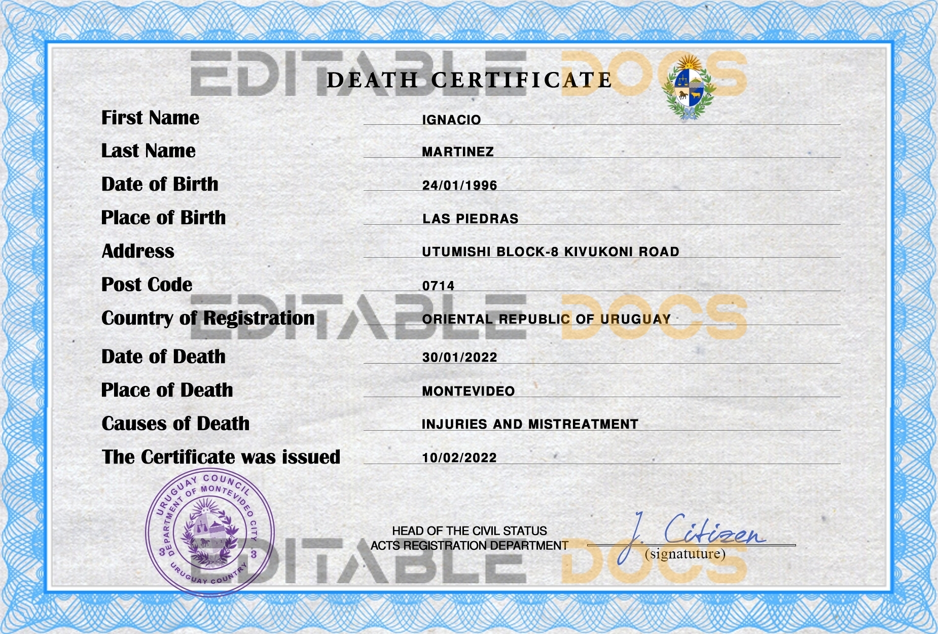 Customizable Uruguay Death Certificate PSD Templates | Instant Download