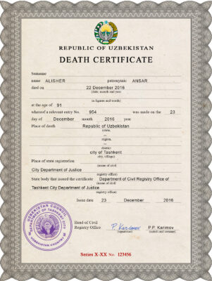 Uzbekistan death certificate PSD template, completely editable