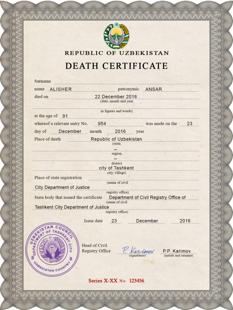 Uzbekistan death certificate PSD template, completely editable