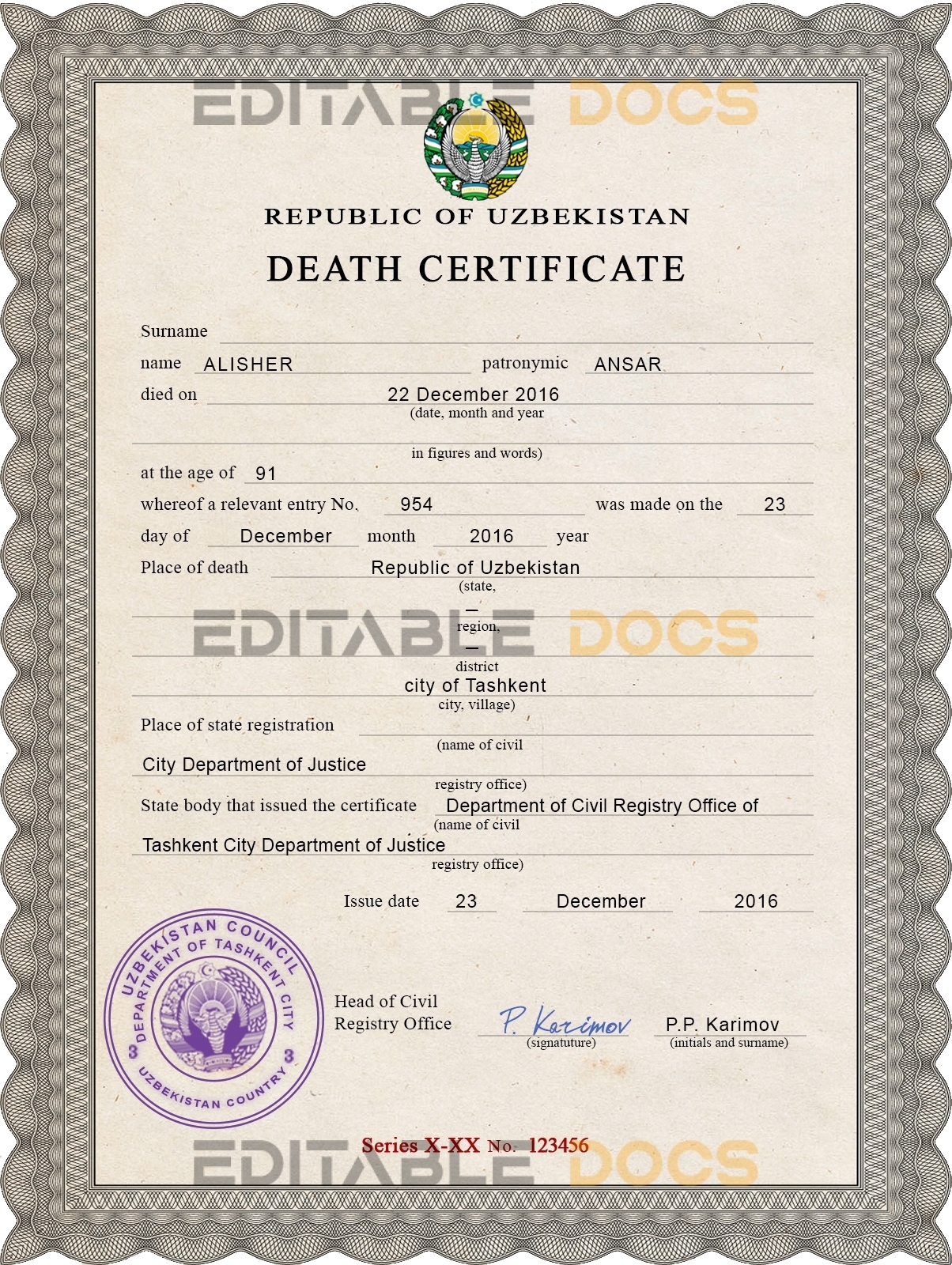 Customizable Uzbekistan Death Certificate PSD Templates | Instant Download