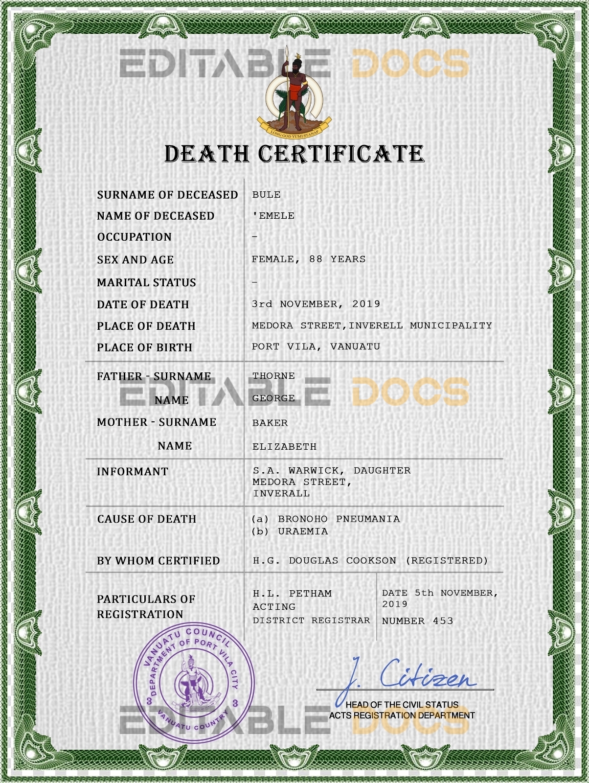 Customizable Vanuatu Death Certificate PSD Templates | Instant Download