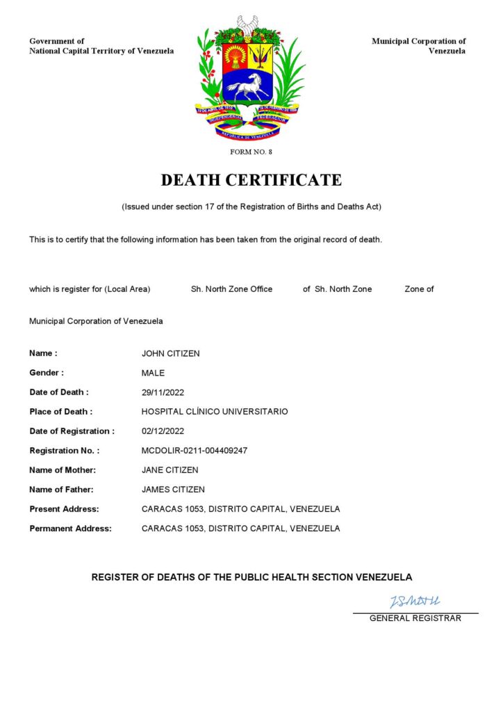 Venezuela vital record death certificate Word and PDF template