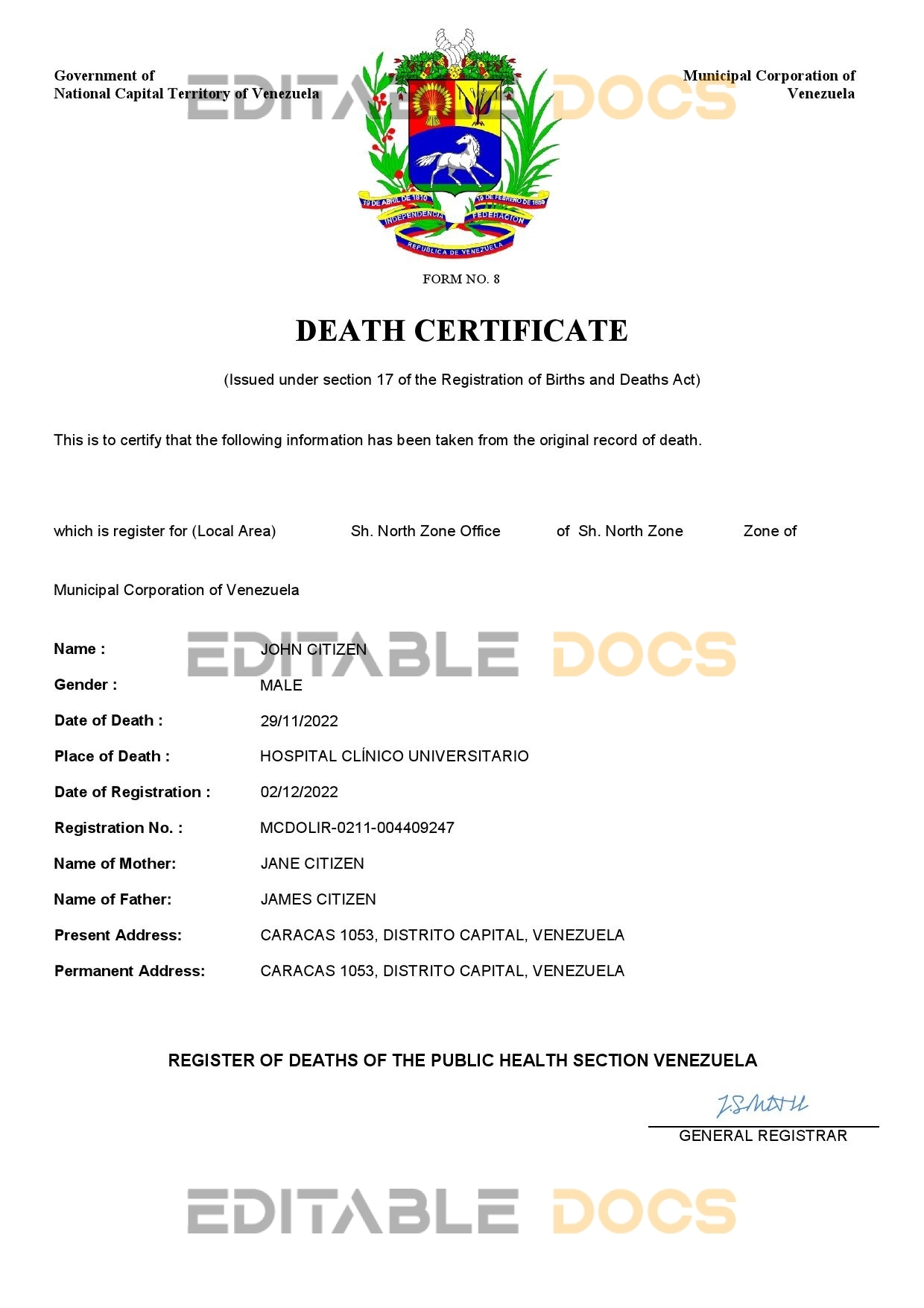 Fillable Venezuela Death PDF Templates | Blank Docs