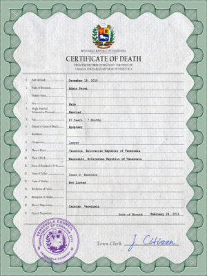 Venezuela vital record death certificate PSD template, fully editable