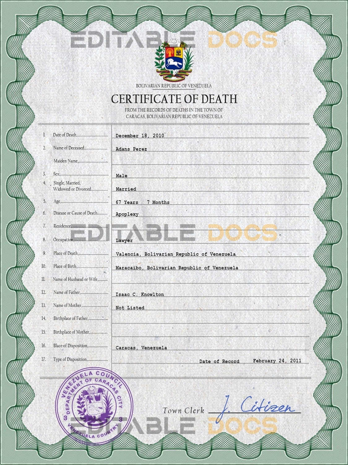 Customizable Venezuela Death Certificate PSD Templates | Instant Download
