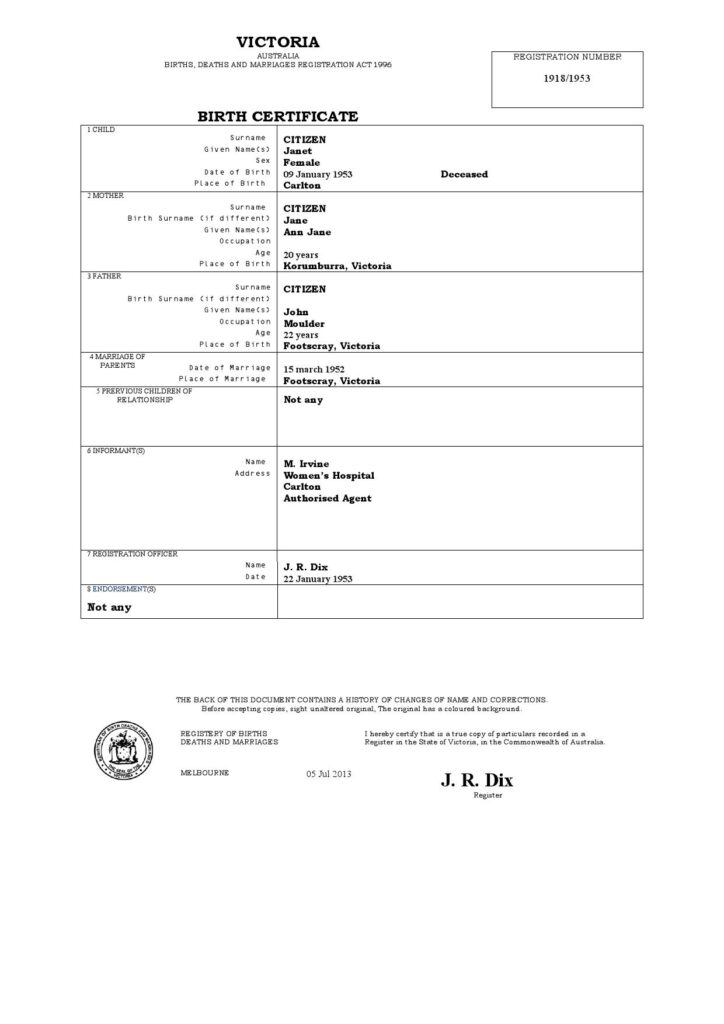 Australia Victoria birth certificate template in Word format, version 2