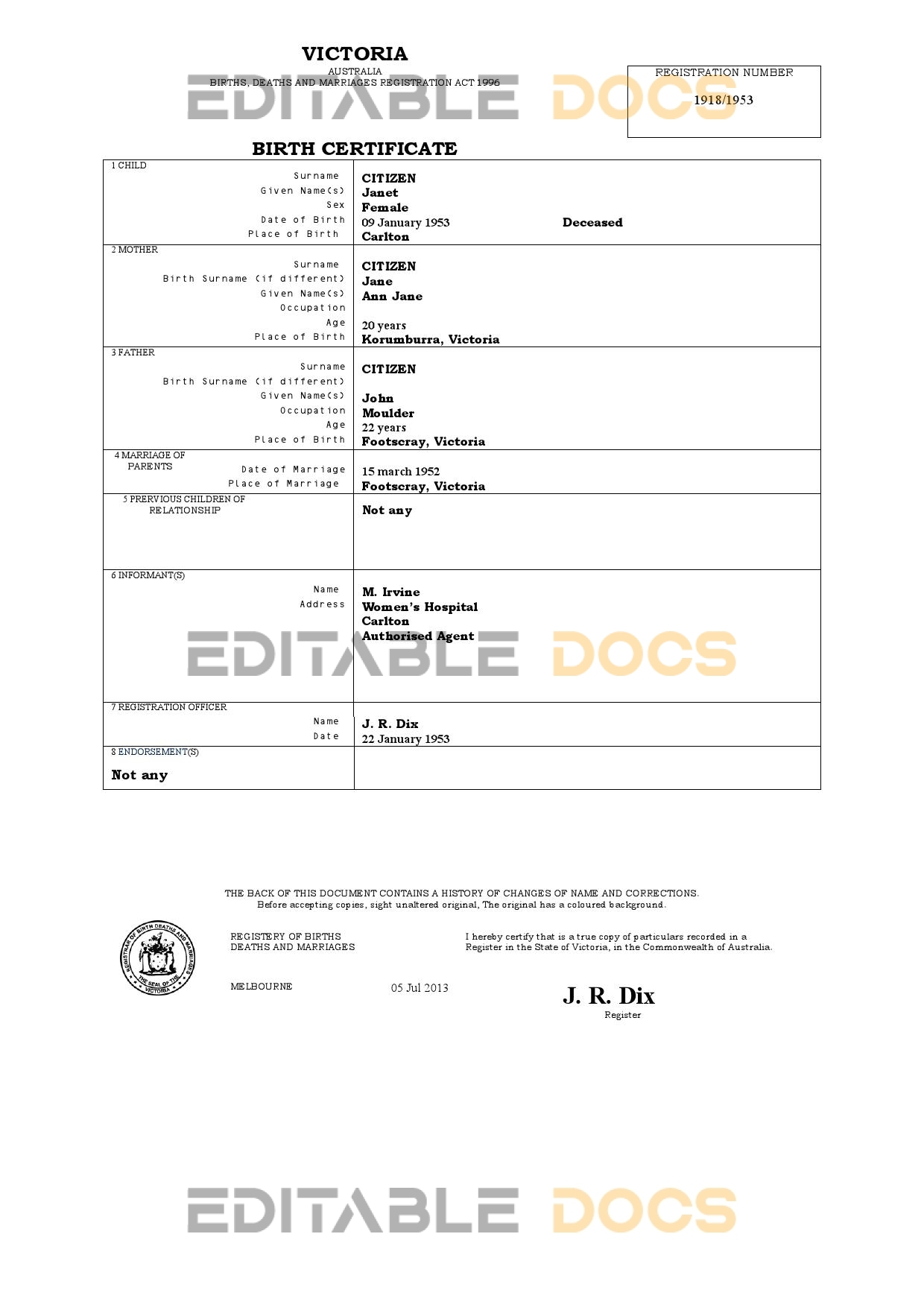 Authentic Australia Victoria Birth Certificate Template | Customize and Download Online