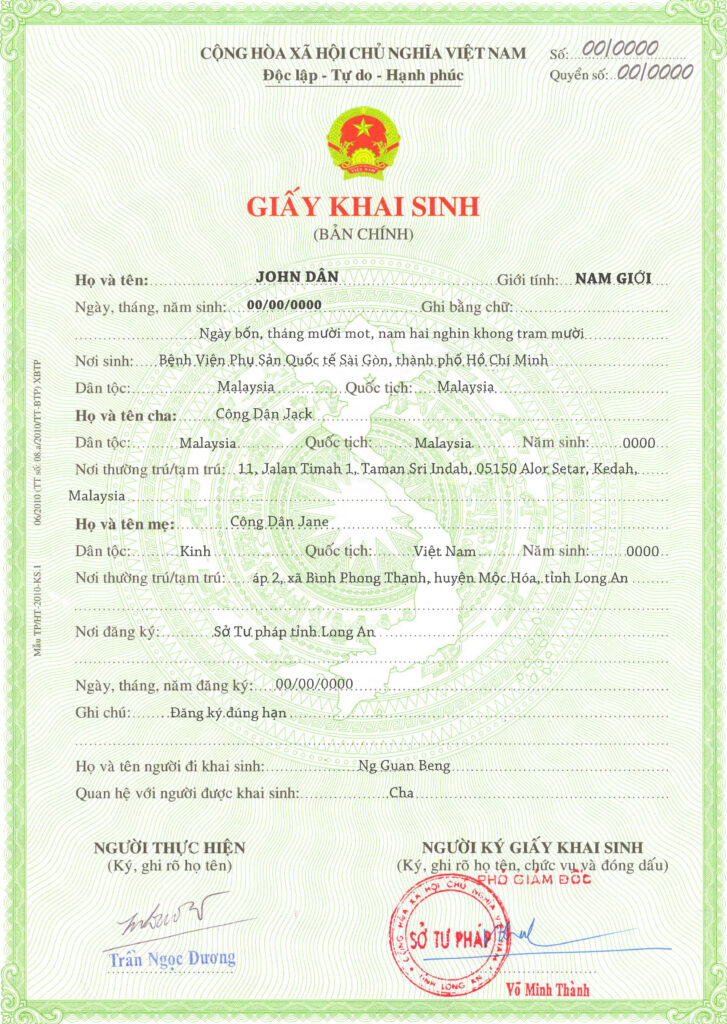 Vietnam birth certificate template in PSD format, fully editable