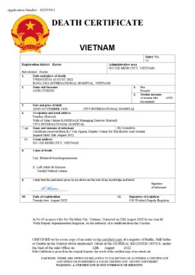 Vietnam vital record death certificate Word and PDF template