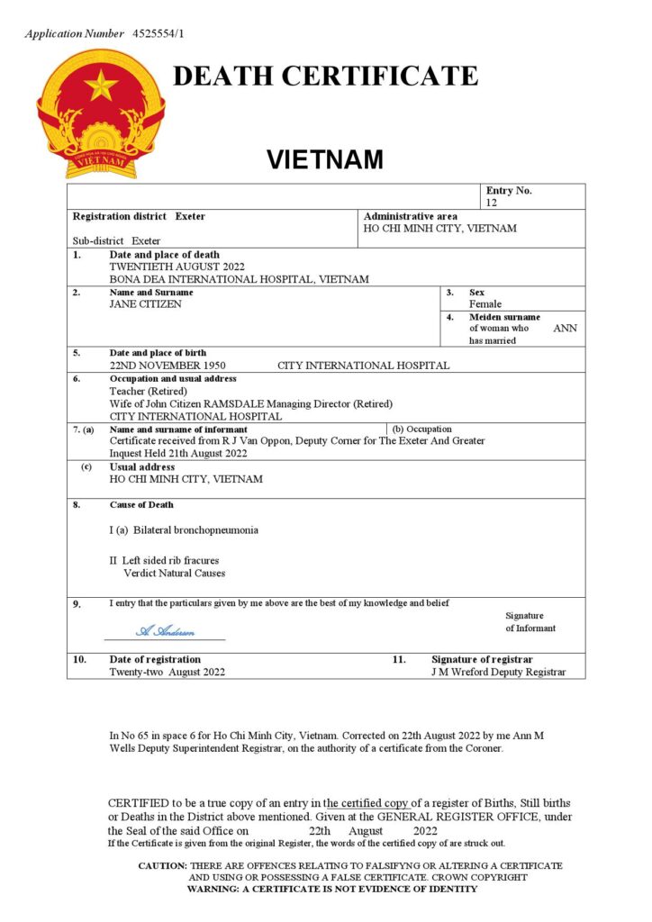 Vietnam vital record death certificate Word and PDF template