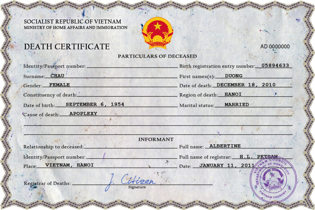 Vietnam death certificate PSD template, completely editable