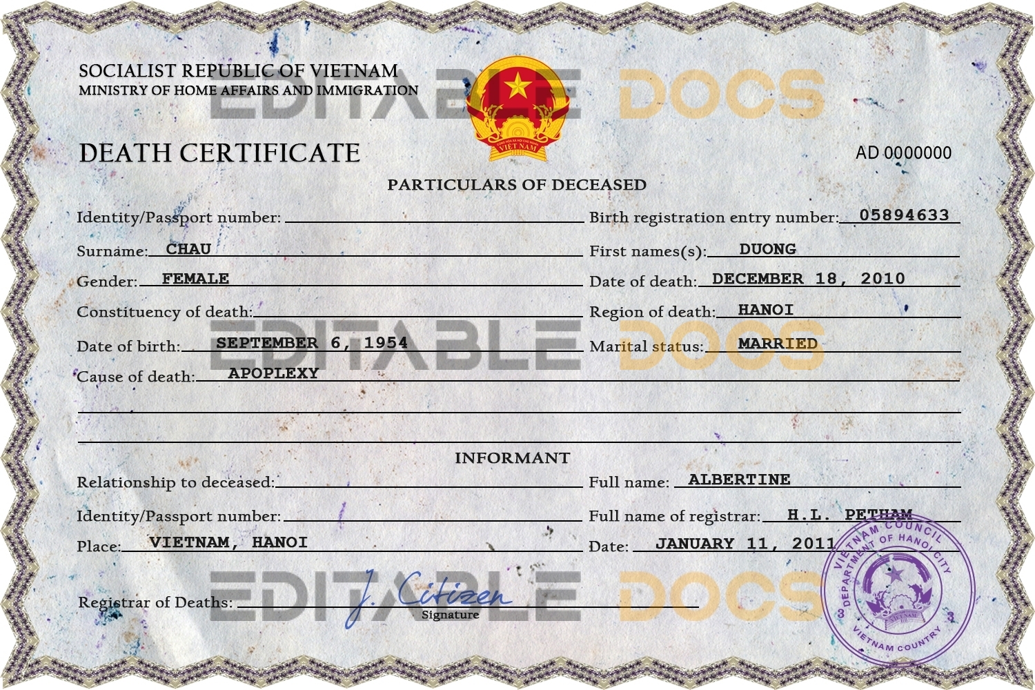 Customizable Vietnam Death Certificate PSD Templates | Instant Download