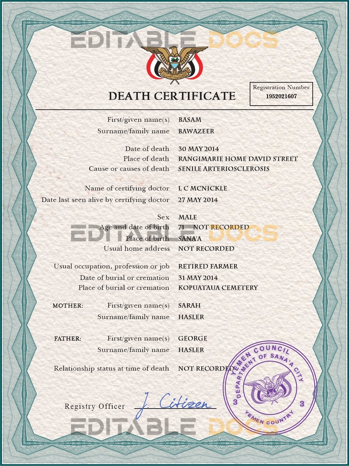 Customizable Yemen Death Certificate PSD Templates | Instant Download