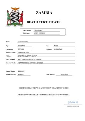 Zambia vital record death certificate Word and PDF template