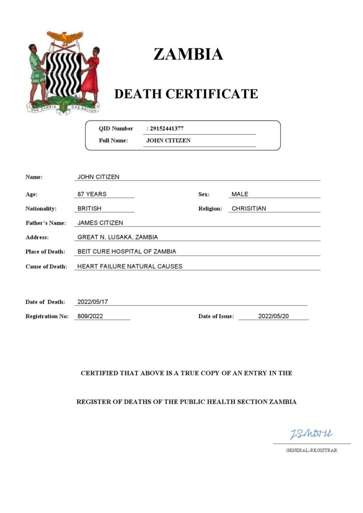 Zambia vital record death certificate Word and PDF template