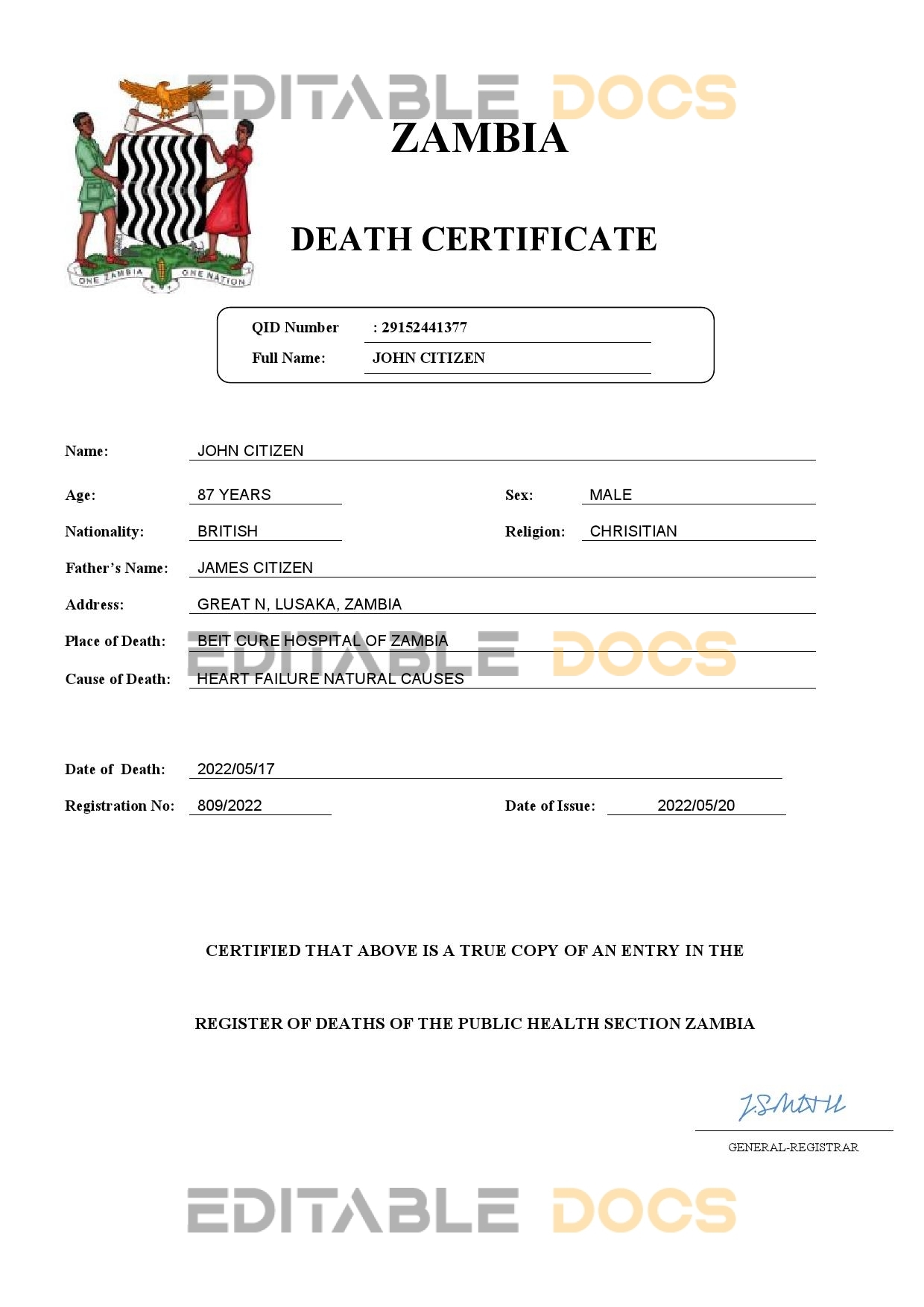 Fillable Zambia Death PDF Templates | Blank Docs