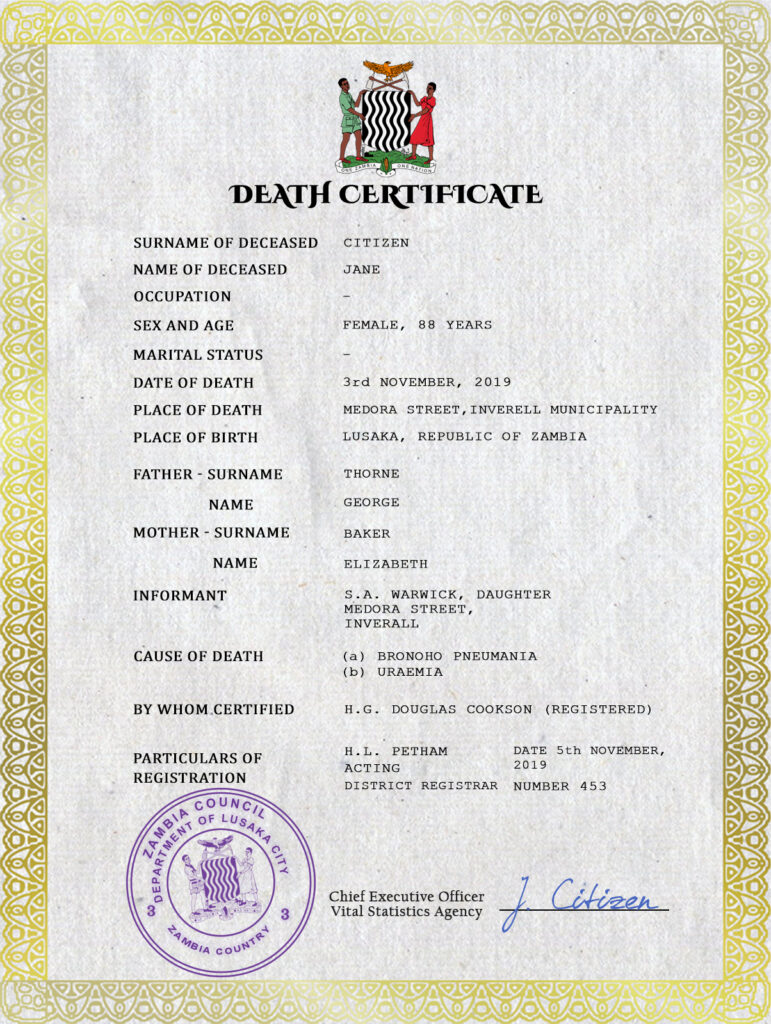 Zambia vital record death certificate PSD template