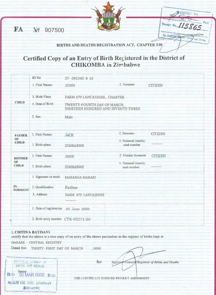 Authentic Zimbabwe Birth Certificate Template Customize and Download Online