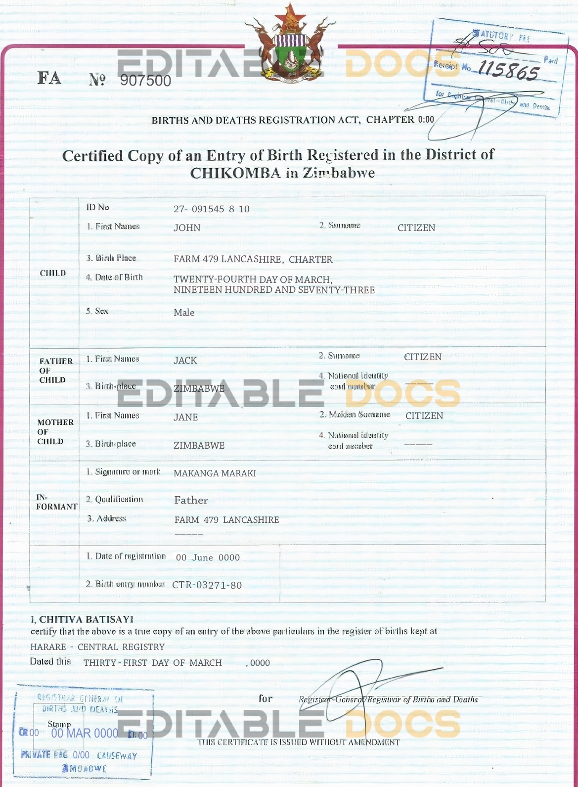 Authentic Zimbabwe Birth Certificate Template | Customize and Download Online