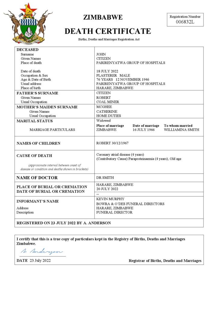 Zimbabwe vital record death certificate Word and PDF template