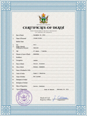 Zimbabwe death certificate PSD template, completely editable