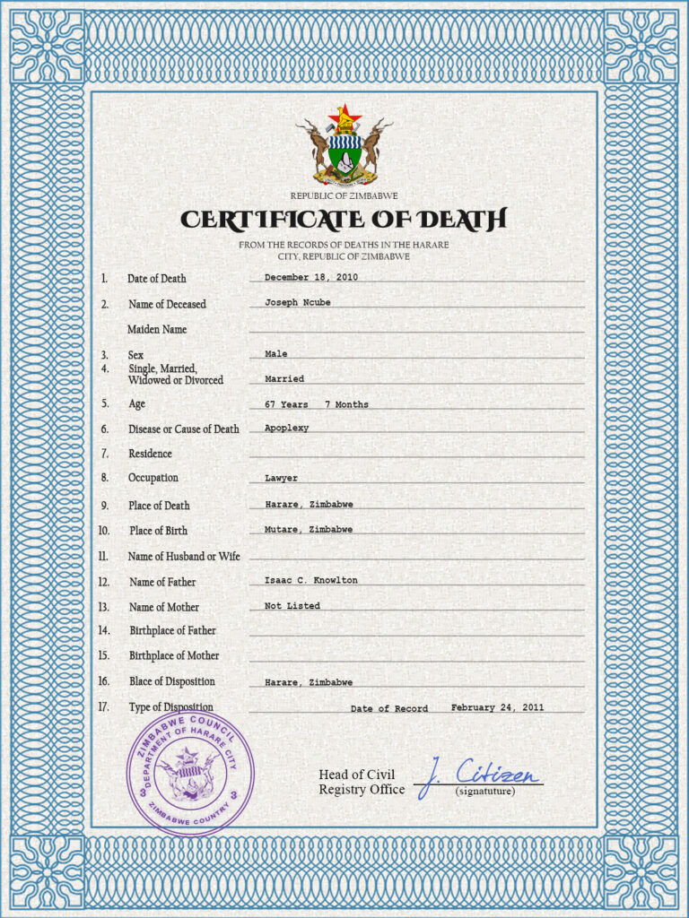 Zimbabwe death certificate PSD template, completely editable