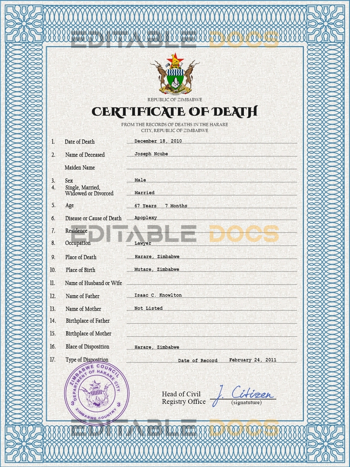 Customizable Zimbabwe Death Certificate PSD Templates | Instant Download