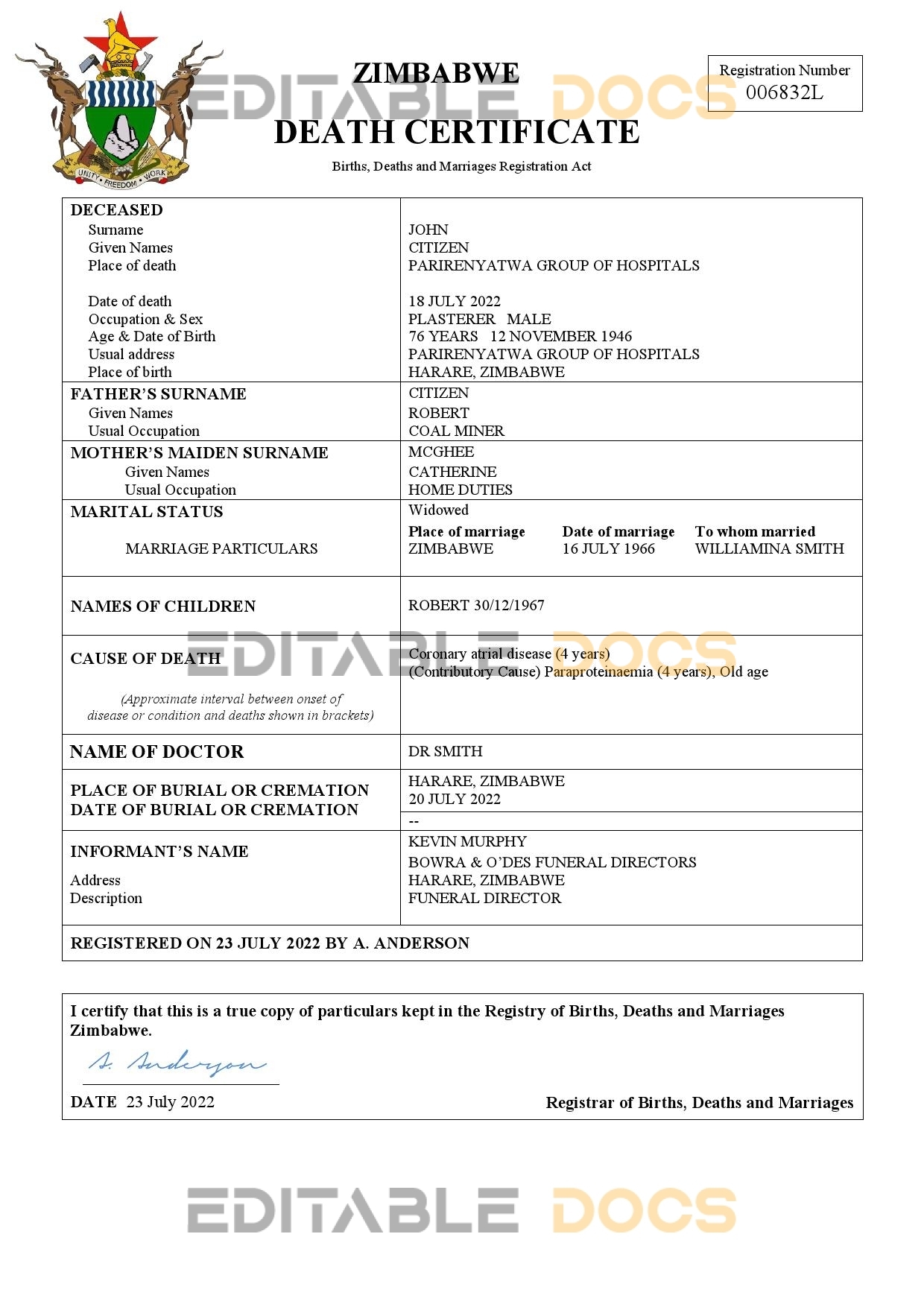 Fillable Zimbabwe Death PDF Templates | Blank Docs