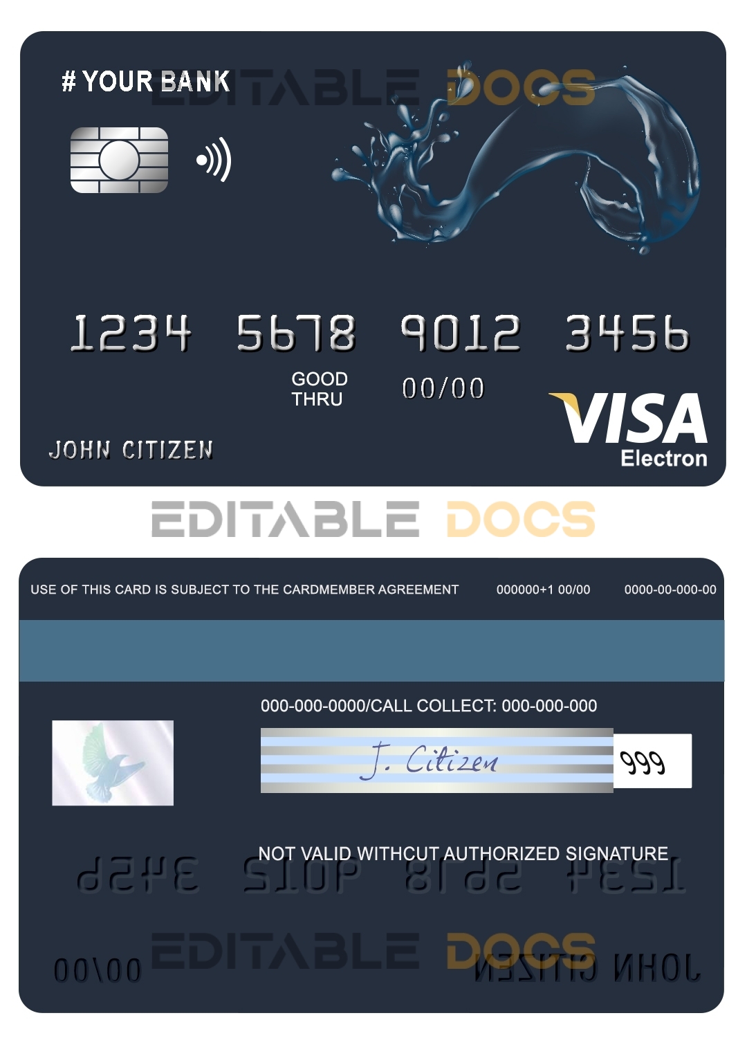 Fillable action water universal visa electron card Templates | Layer-Based PSD