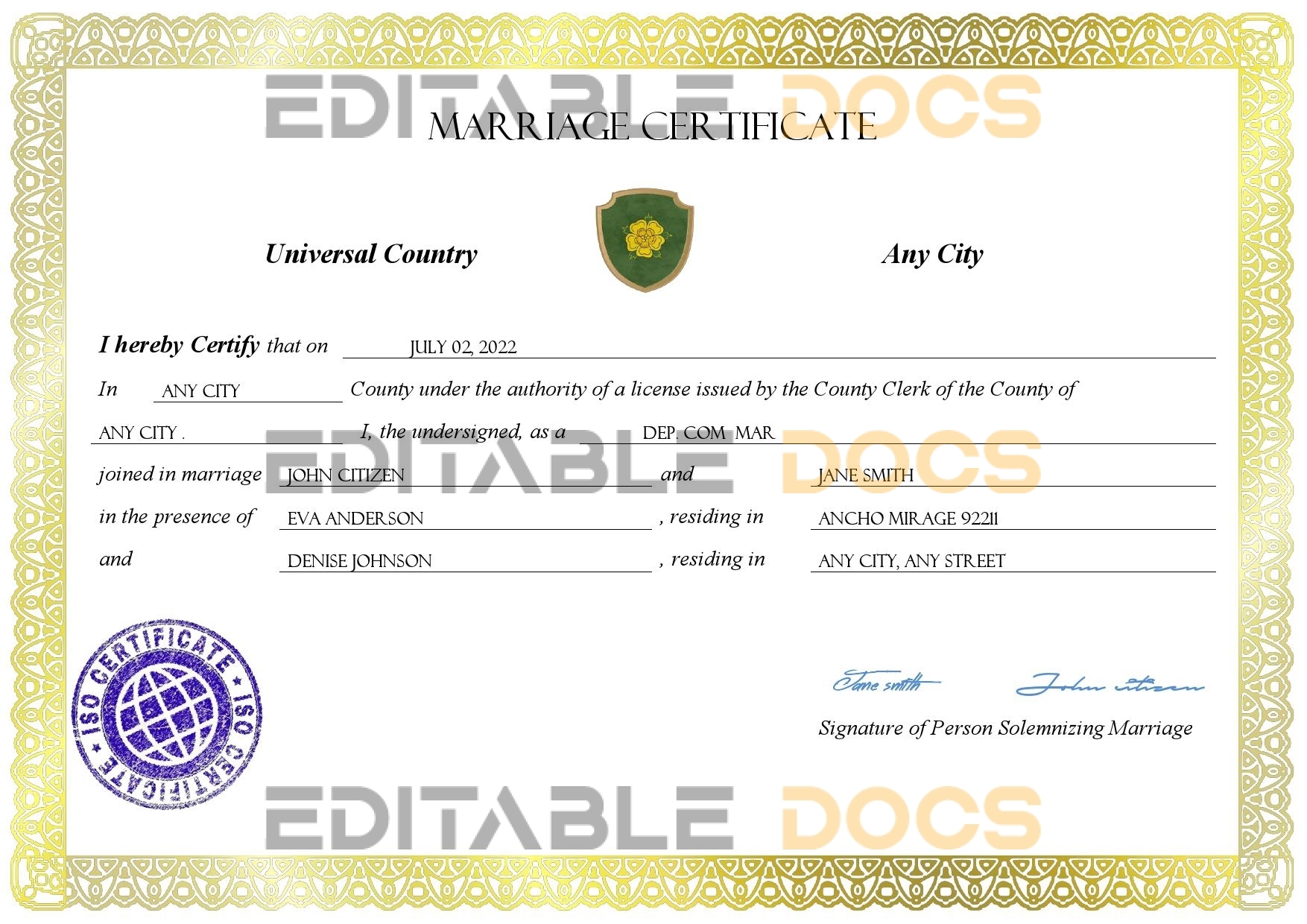 adore universal Marriage Certificate | Editable PDF Templates