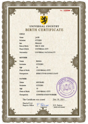 Authentic allied universal Birth Certificate PSD Template