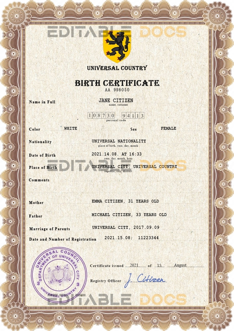 Authentic ammo universal Birth Certificate PSD Template | Customize and Download Online