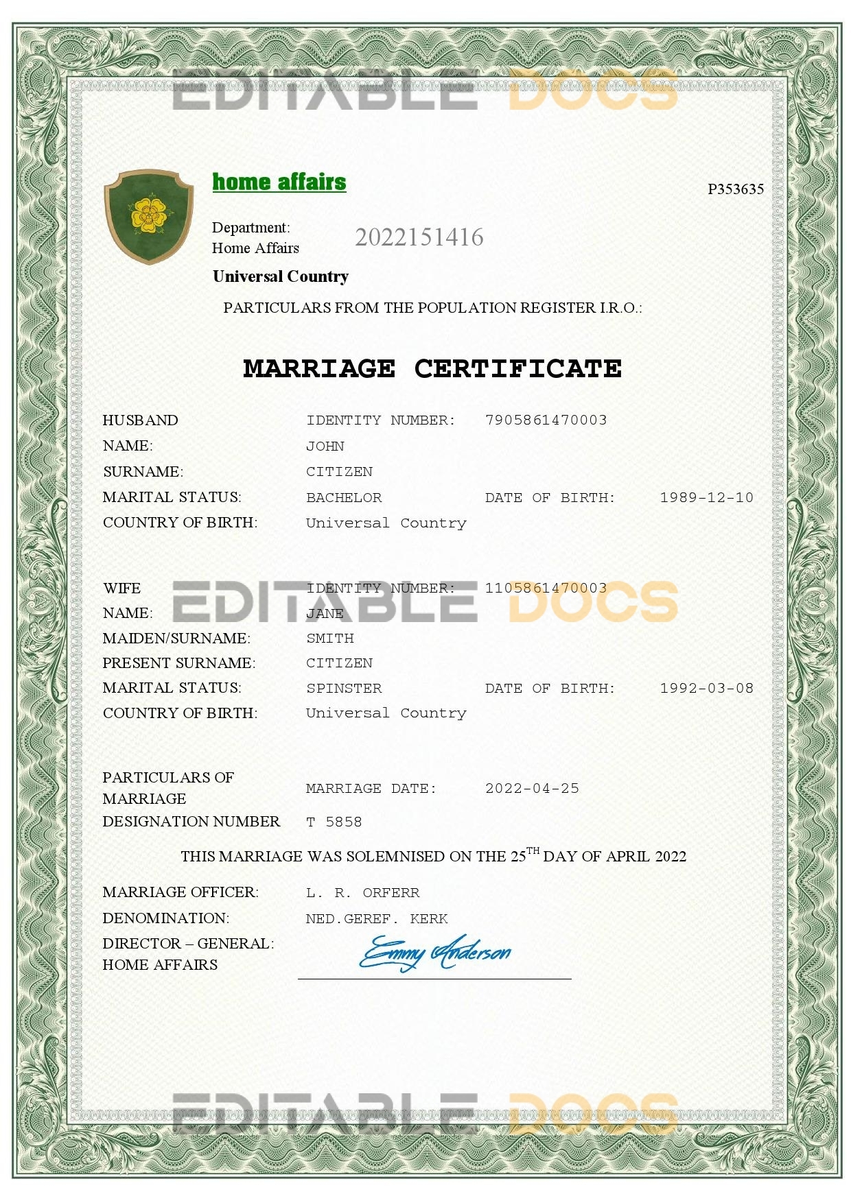 amore universal Marriage Certificate | Editable PDF Templates