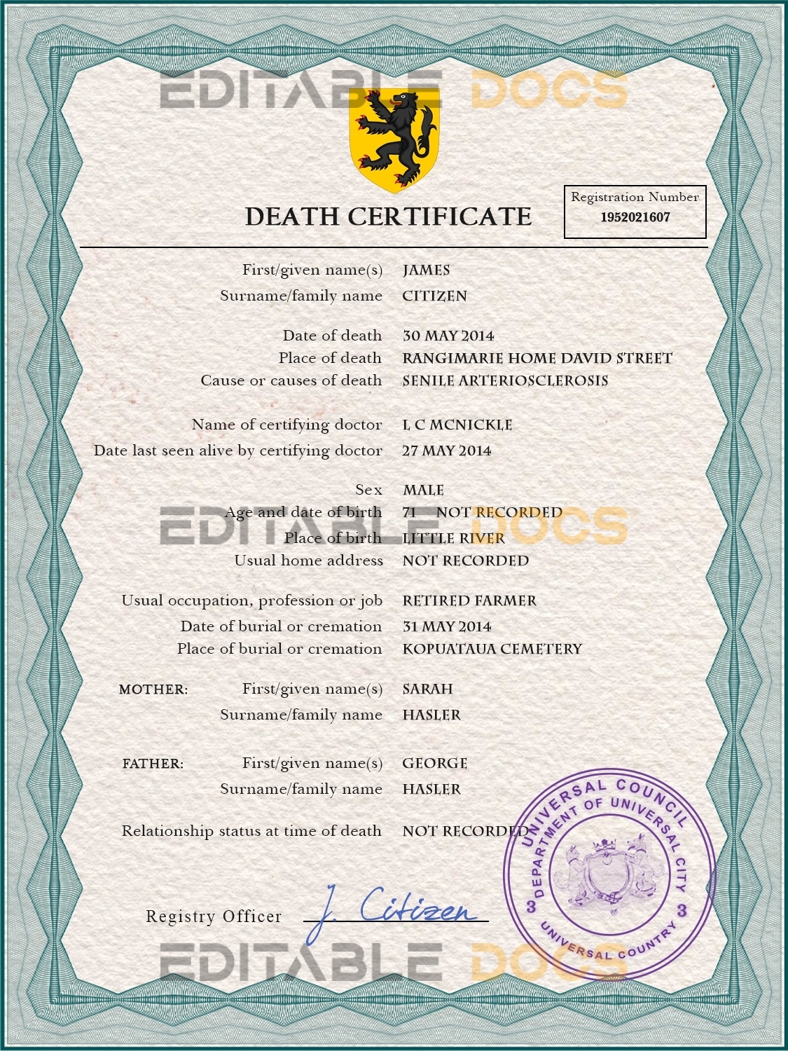Customizable Apex Vital Record Universal Death Certificate PSD Templates | Instant Download