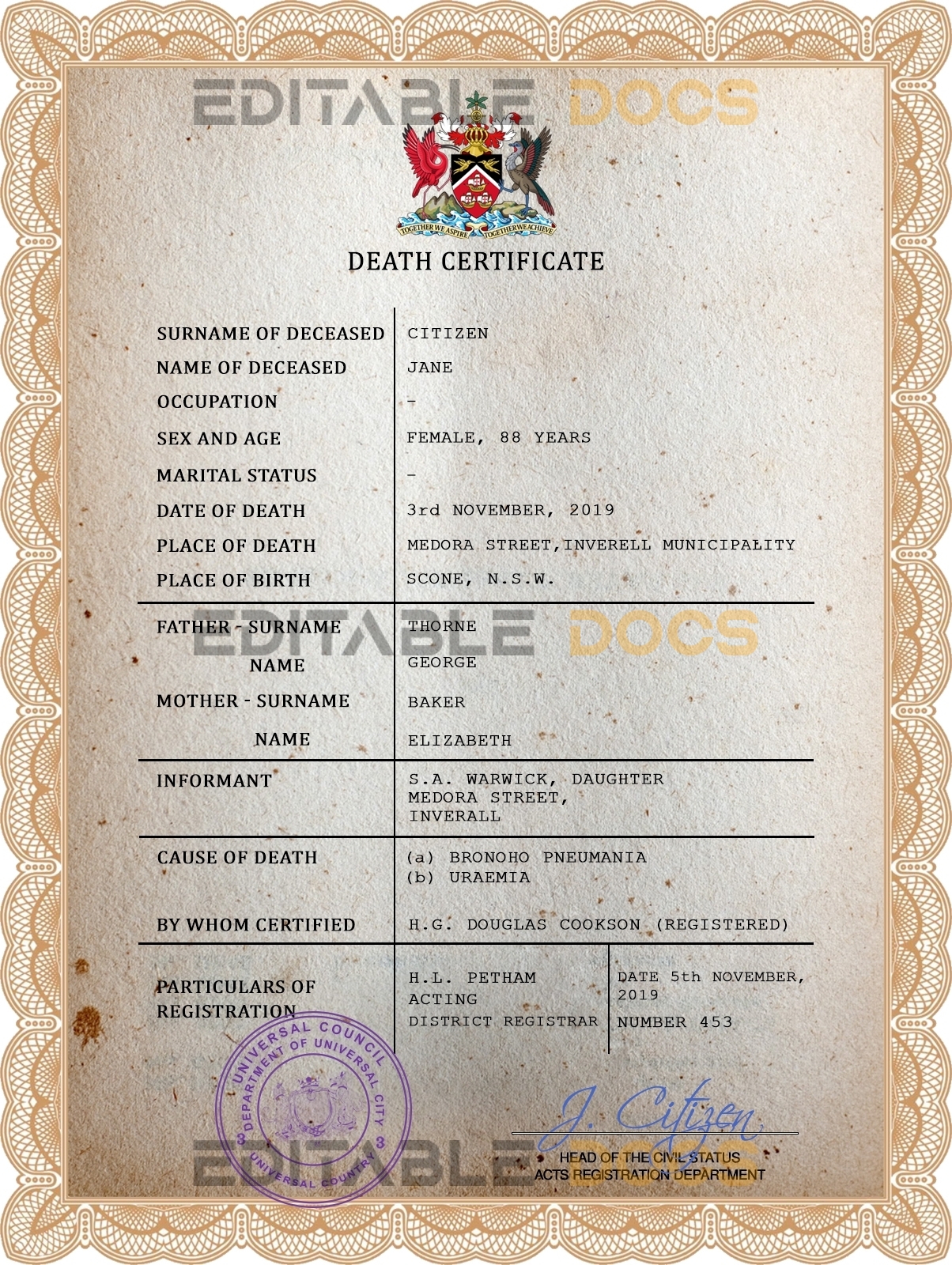 Customizable Arms Acclaimed Universal Death Certificate PSD Templates | Instant Download