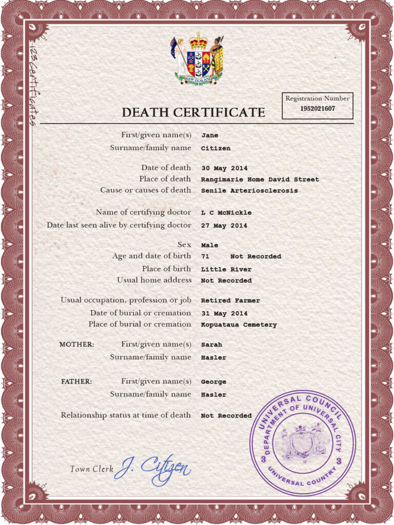 Customizable Arms First-Choice Vital Record Universal Death Certificate PSD Templates