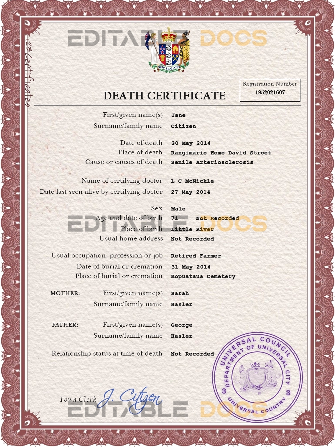 Customizable Arms First-Choice Vital Record Universal Death Certificate PSD Templates | Instant Download