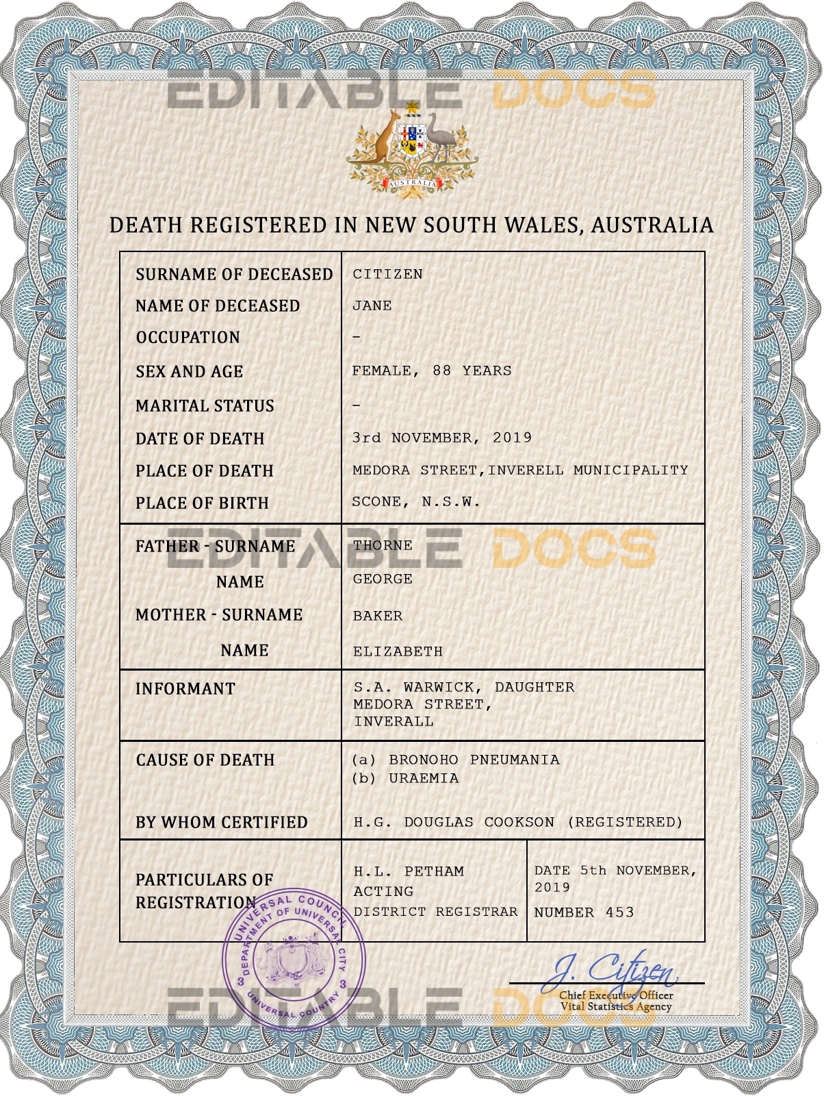 Customizable Arms Unity Universal Death Certificate PSD Templates | Instant Download