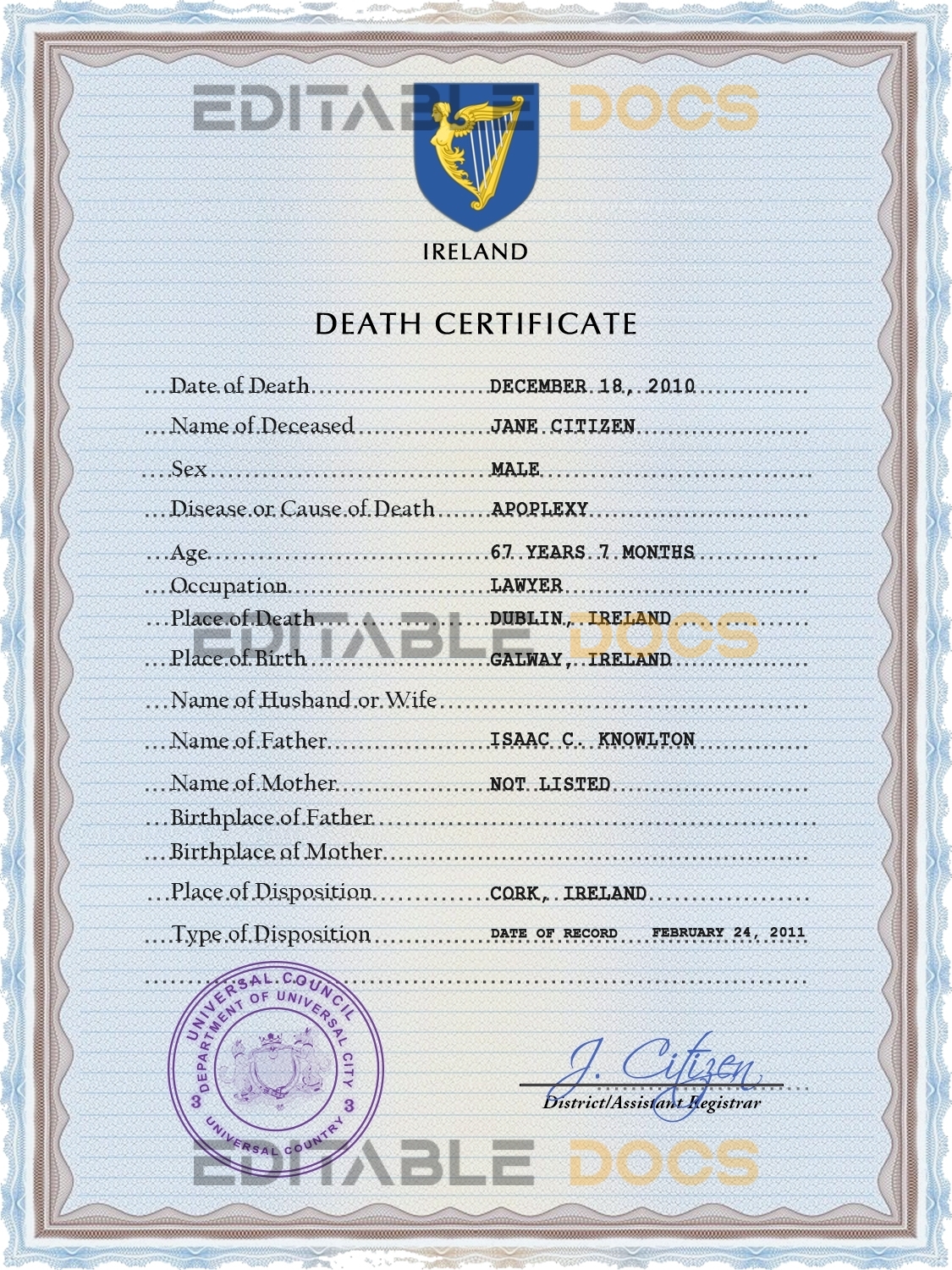 Customizable Arms Vision Vital Record Universal Death Certificate PSD Templates | Instant Download
