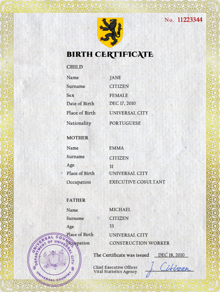 Authentic benefits universal Birth Certificate PSD Template