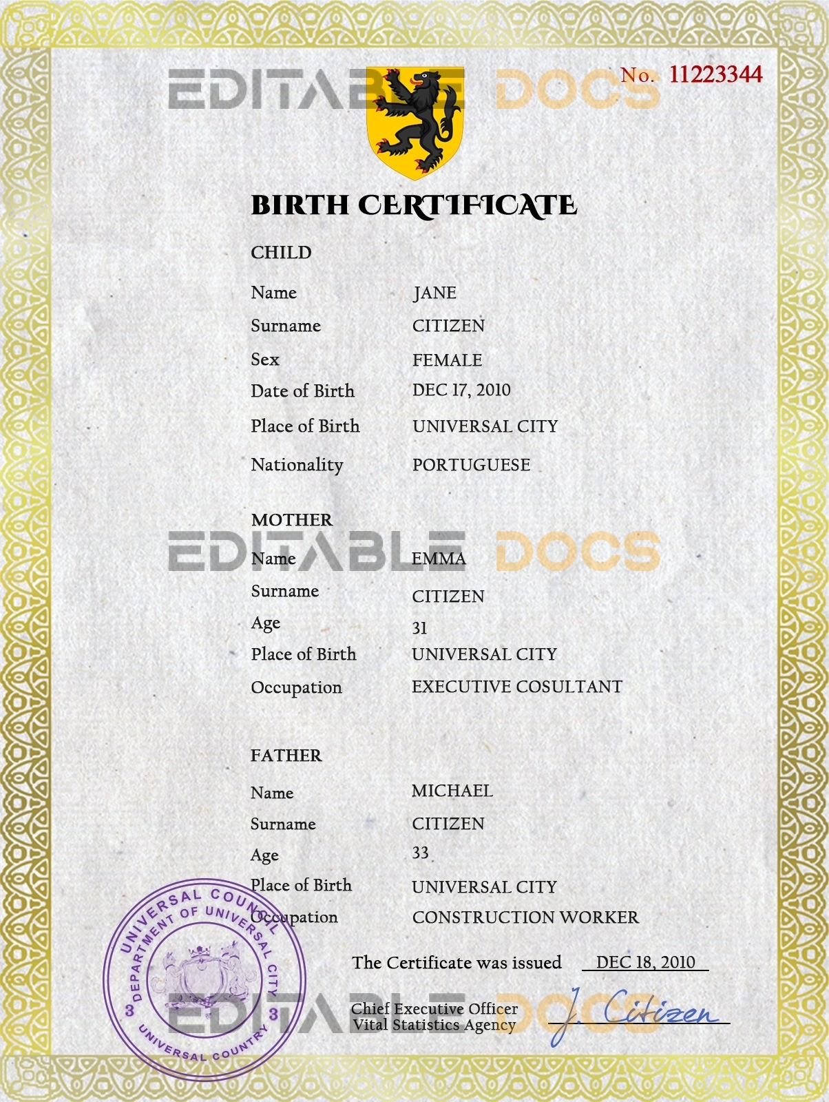 Authentic benefits universal Birth Certificate PSD Template | Customize and Download Online