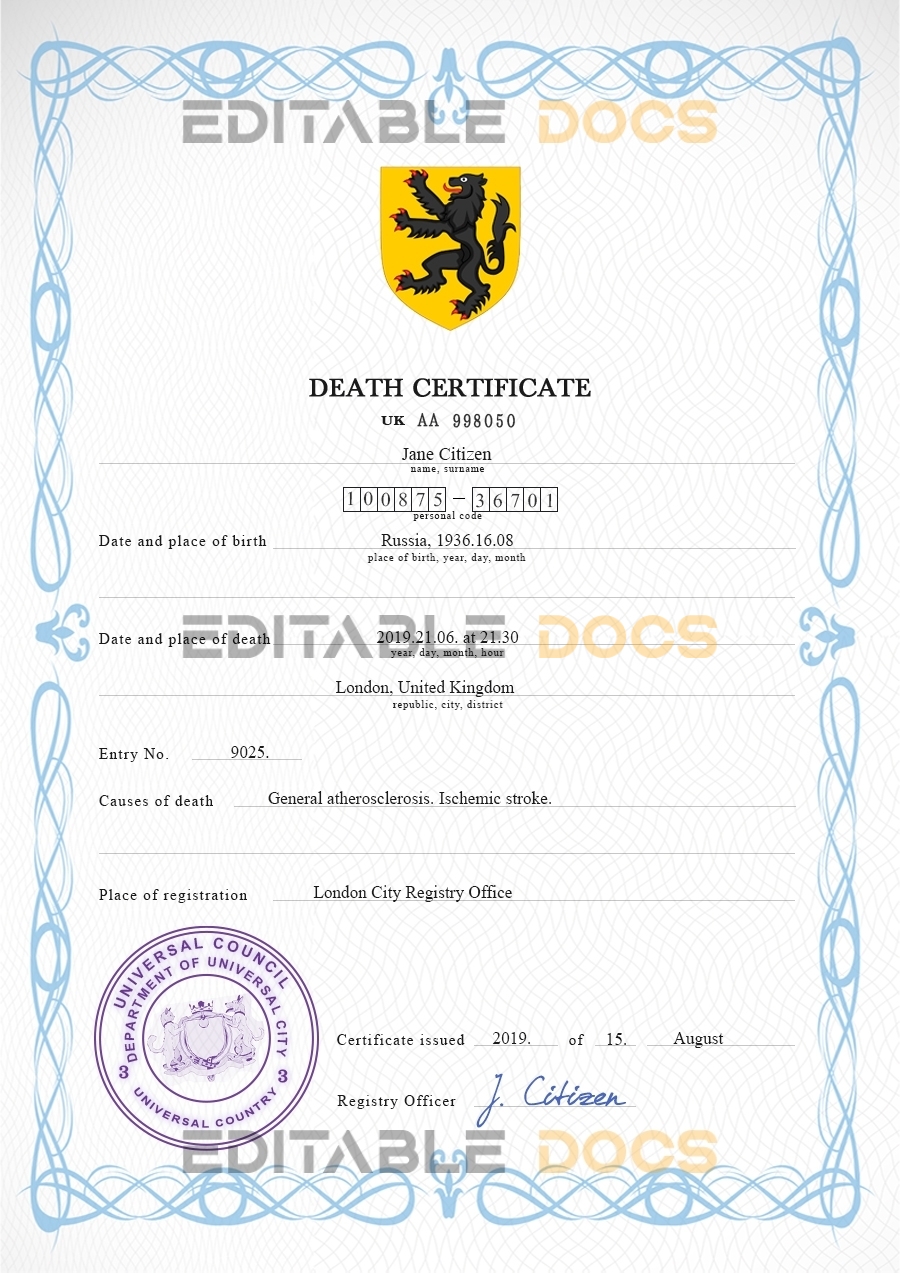 Customizable Blackout Universal Death Certificate PSD Templates | Instant Download