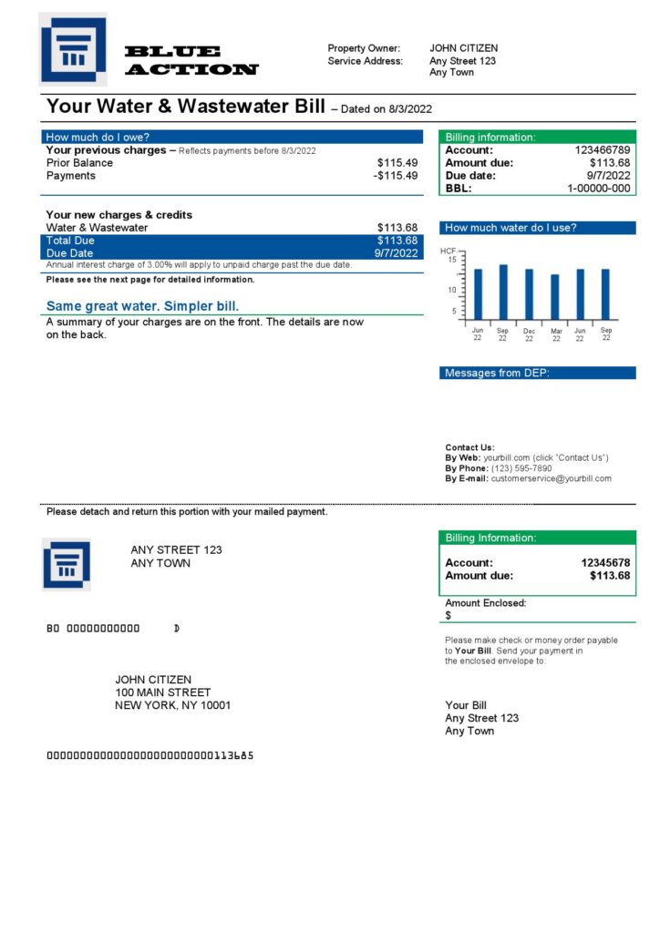 blue action universal multipurpose utility bill template in Word and PDF format